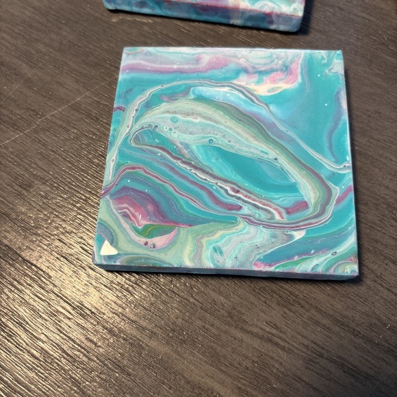 Acrylic Pour Painted Square Wood With Epoxy Resin  Coasters Set Of 4 - Picture 5 of 6